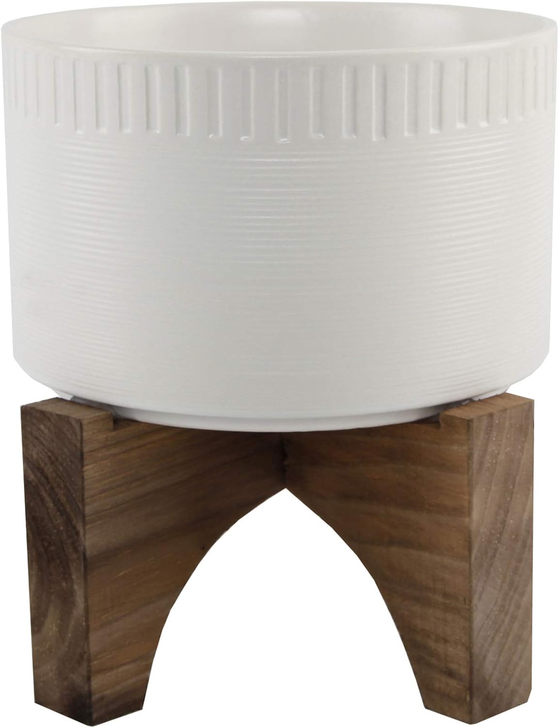 Flora Bunda Mid Century 7 Inch White Roman Texture Ceramic Planter on Wood Stand Mid-Century, White Roman 7"