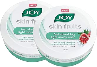 Joy Skin Fruits Fast Absorbing Light Moisturizer with Vitamin Complex, Ceramides and Jojoba Esters, Non-Oily Cold Cream for Face - For All Skin Types (Pack of 2 x 150ml)
