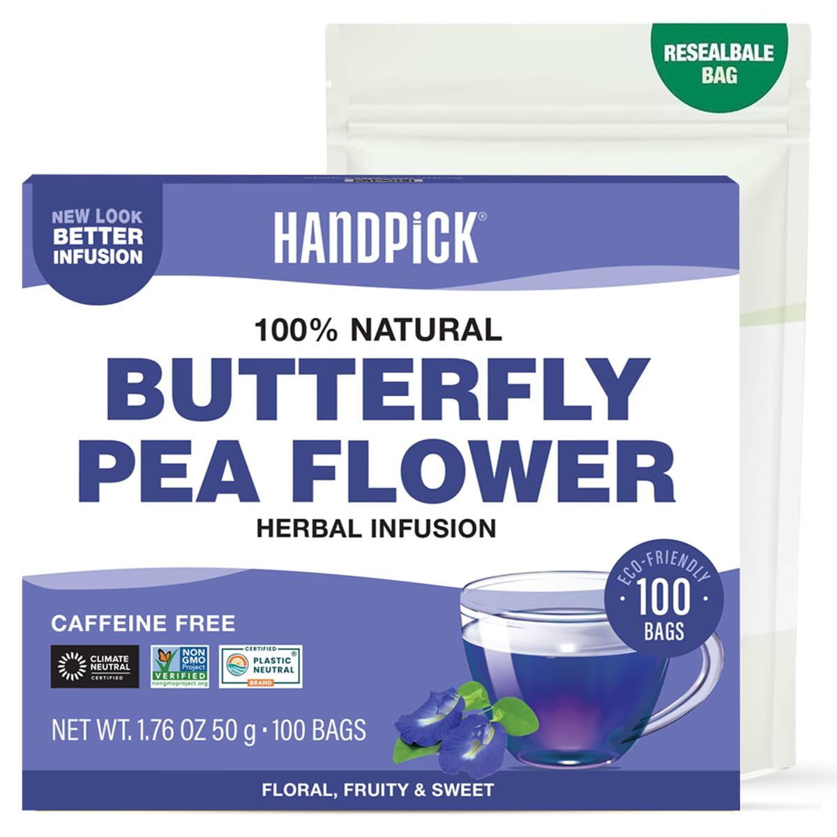 HANDPICK, Butterfly Pea Flower Tea (100 Herbal Tea Bags) Blue Tea | Caffeine Free, Non GMO | Premium Dried Butterfly Pea Flowers For Blue & Purple Drinks, Food Coloring | Iced Teas, Coolers, Cocktails