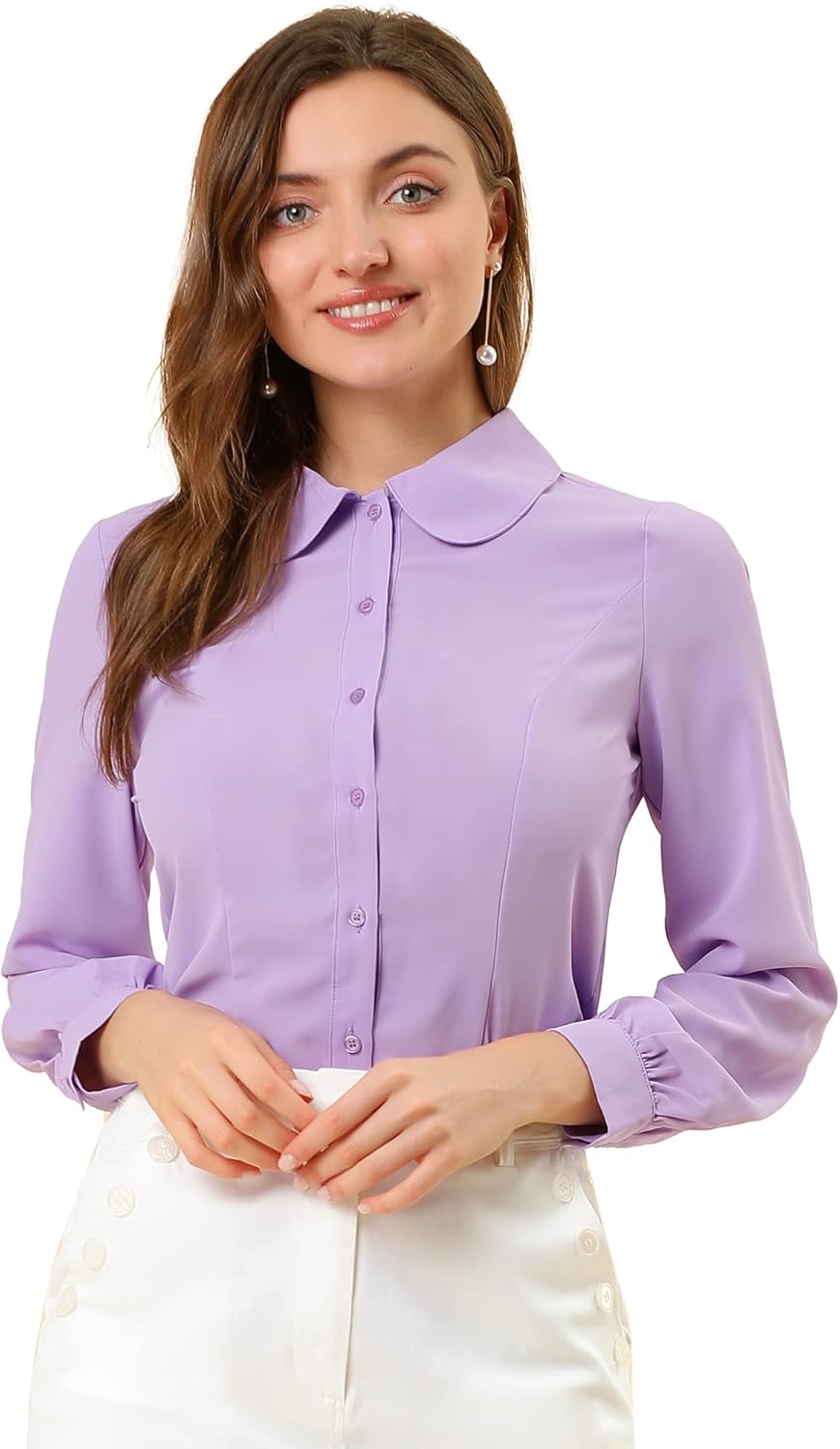 Allegra K Women's Peter Pan Collar Blouse Business Casual Long Sleeve Button Down Work Shirt