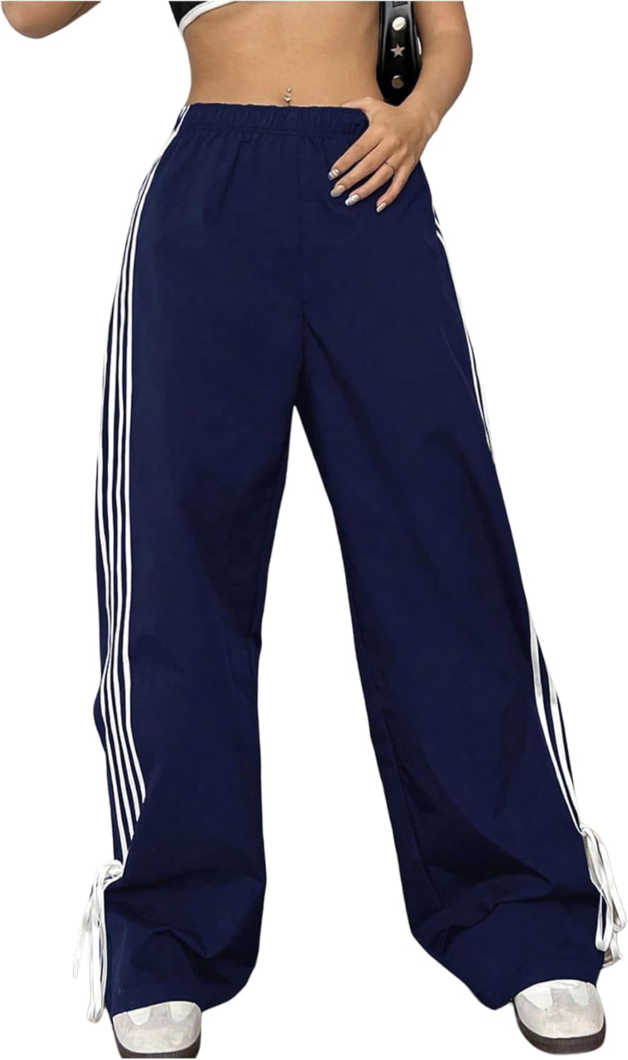 OYOANGLE Women's Striped Knot Side Baggy Pants Elastic High Waist Straight Leg Casual Trousers