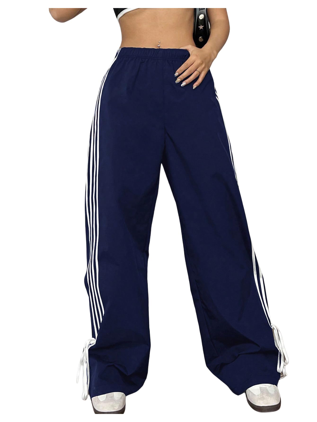 OYOANGLE Womens Striped Knot Side Baggy Pants Elastic High Waist Straight Leg Casual Trousers