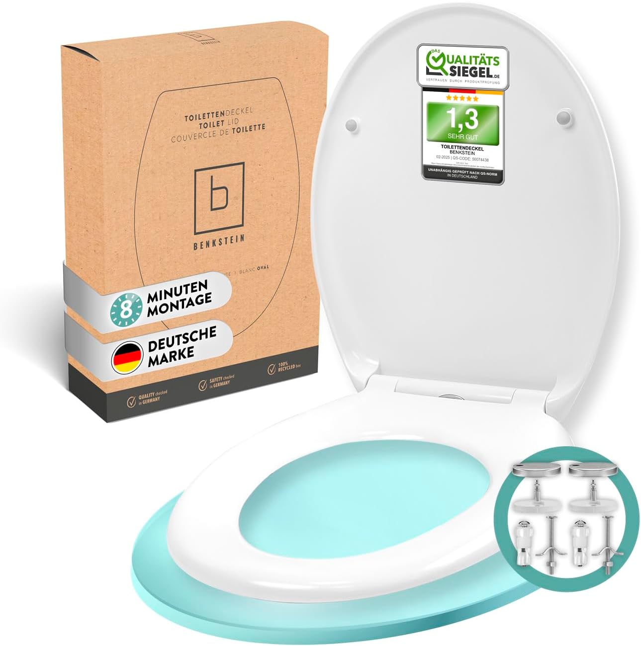 Benkstein® Premium Toilet Lid, Antibacterial, Duroplast Toilet Lid with Quick-Release Function and Soft-Close Mechanism, Toilet Seat Made of Rustproof Stainless Steel, Removable…