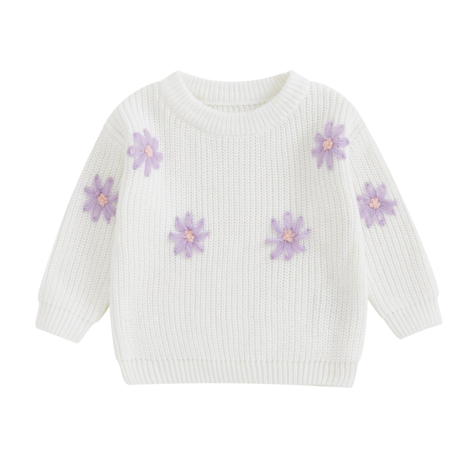 Baby Girl Knit Sweater Cute Flower Chunky Knitted Crewneck Sweatshirt Onepiece Top Toddler Fall Winter Warm Clothes (White A, 2-3 Years)