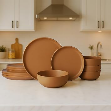 12-Piece Stoneware Dinnerware Set with Mugs | Microwave and Dishwasher Friendly | Stackable Matte Glaze Plates & Bowls | Service for 3 Orange for 4