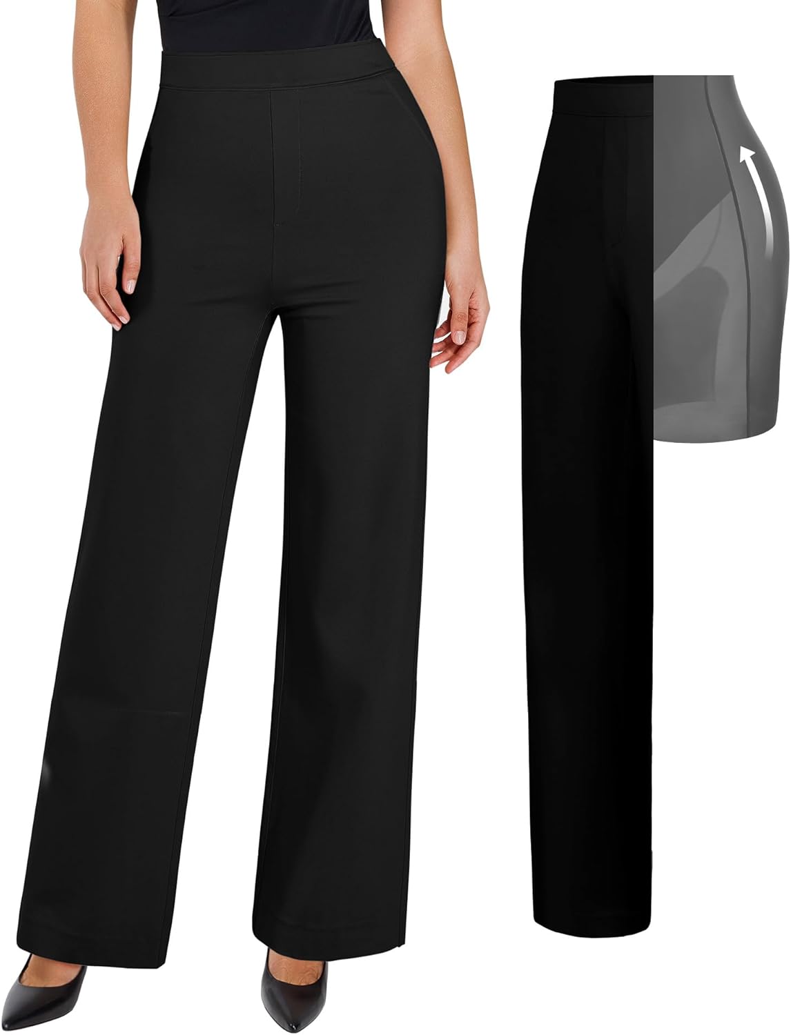 Popilush Dress Pants for Women Tummy Control 2 in 1 Work High Waisted Wide Leg with Pockets Business Casual Outfits