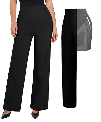 Popilush Womens Work Pants Tummy Control 2 in 1 Dress Pants Slacks High Waisted Wide Leg with Pockets Business Casual Outfits Black Size M