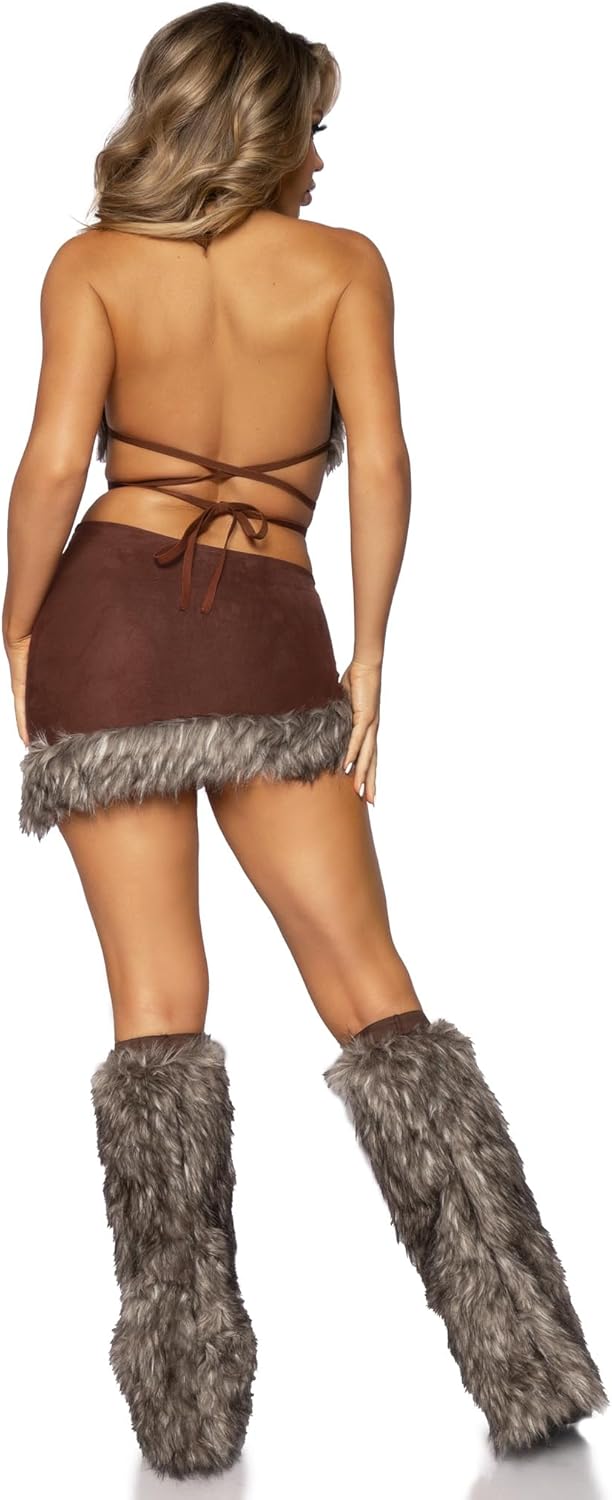 Leg Avenue Women's 3 Pc Cave Babe Costume with Bikini Top, Skirt, Leg Warmers