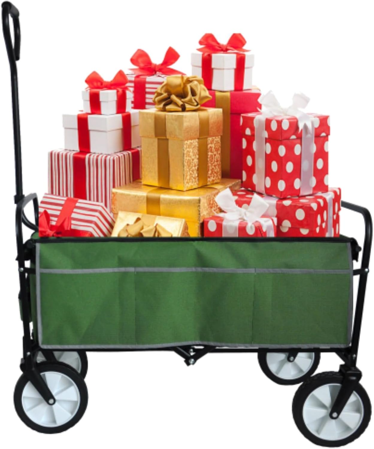 Outdoor Collapsible Wagon Cart Heavy Duty Utility Garden Beach Cart with Side Pockets for Shopping, Camping, Garden, Green
