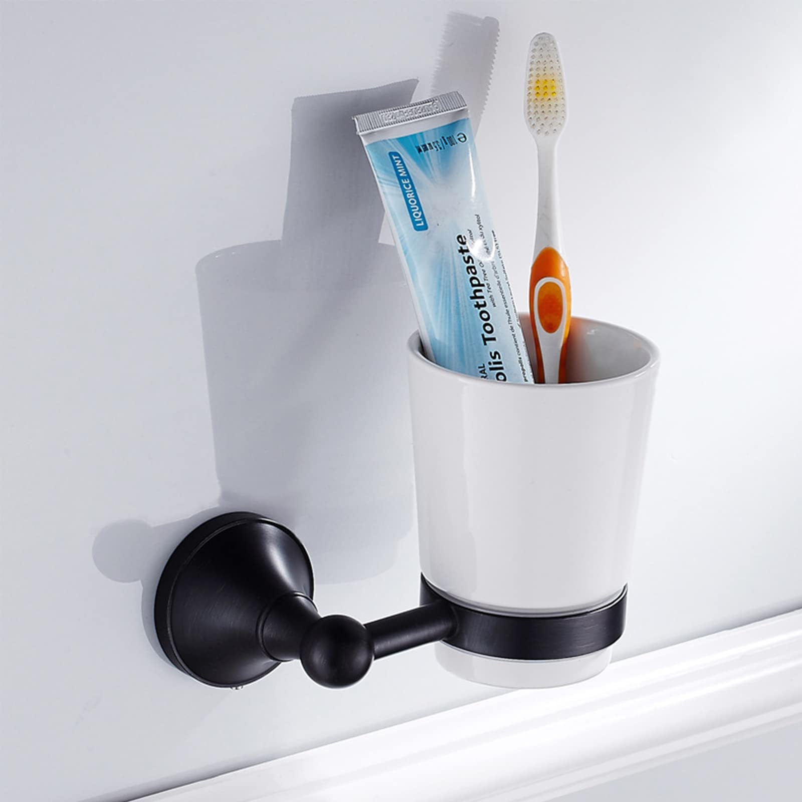 Porta Spazzolino Nero, Porta Spazzolino da Bagno A Parete, Porta Spazzolino in Ottone con Tazza in Ceramica per Bagno