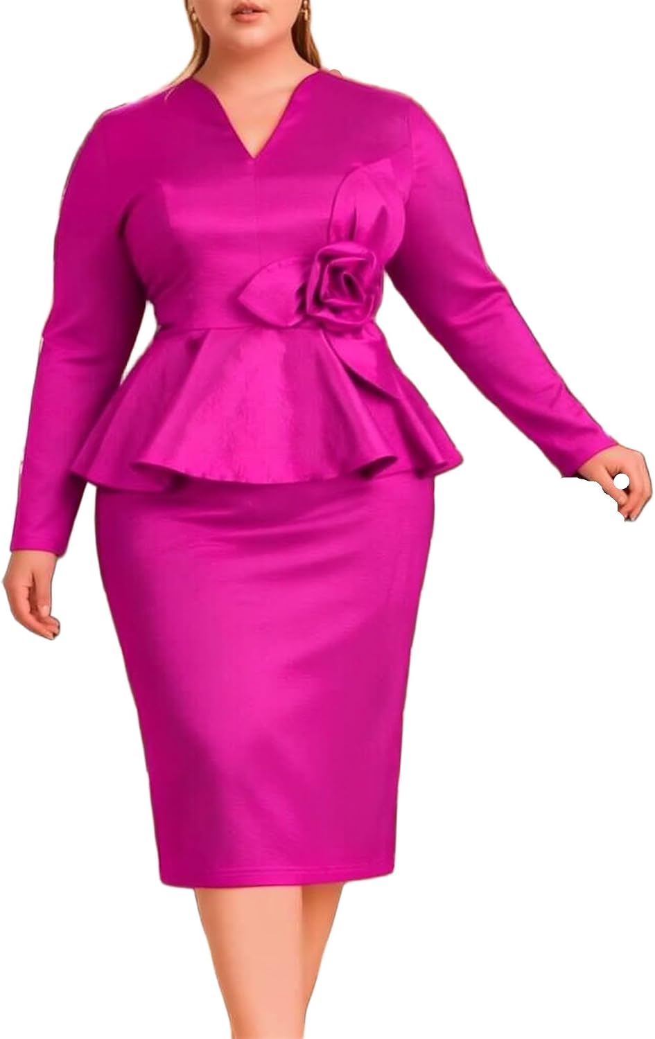 ONTINVA Women Shiny Long Sleeve Party Pencil Dress Peplum Floral Work Formal Business Bodycon Midi Dresses Spring Outfit