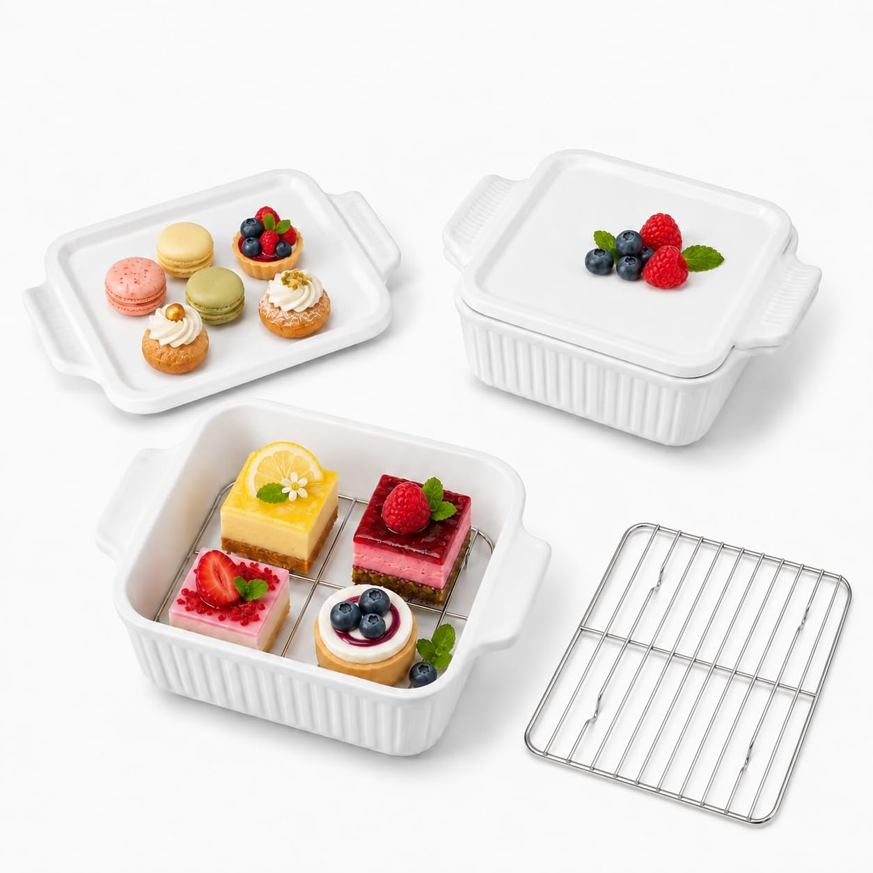 7-Inch Square Ceramic Baking Dish Set with Lids and Racks, 2 Pack