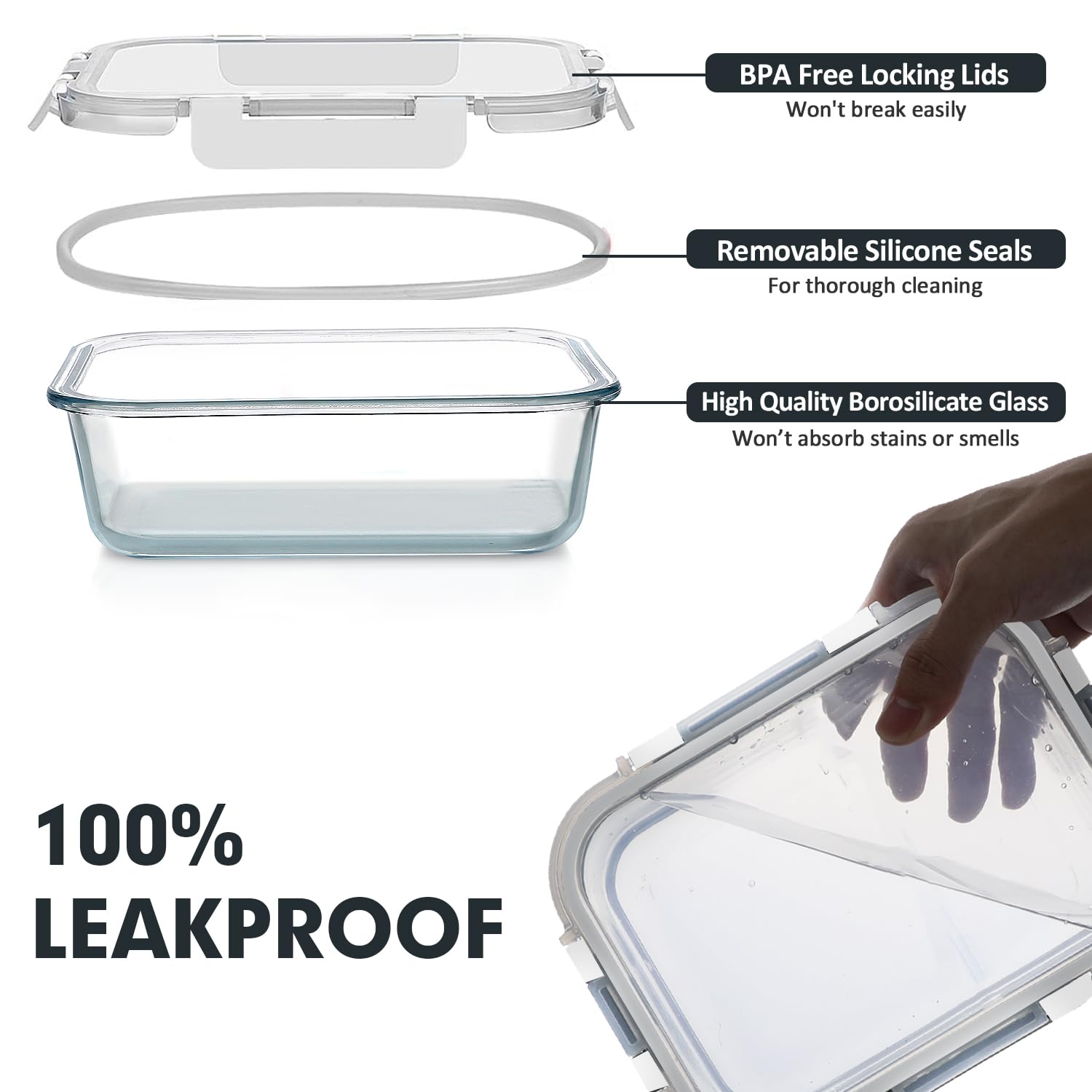 VERONES 30-teiliges Glasbehälter-Set, stapelbare Frischhaltedosen mit Deckel, luftdichte Glas-Lunchbehälter für Mikrowelle, Backofen, Gefrierschrank und Spülmaschine, Weiß