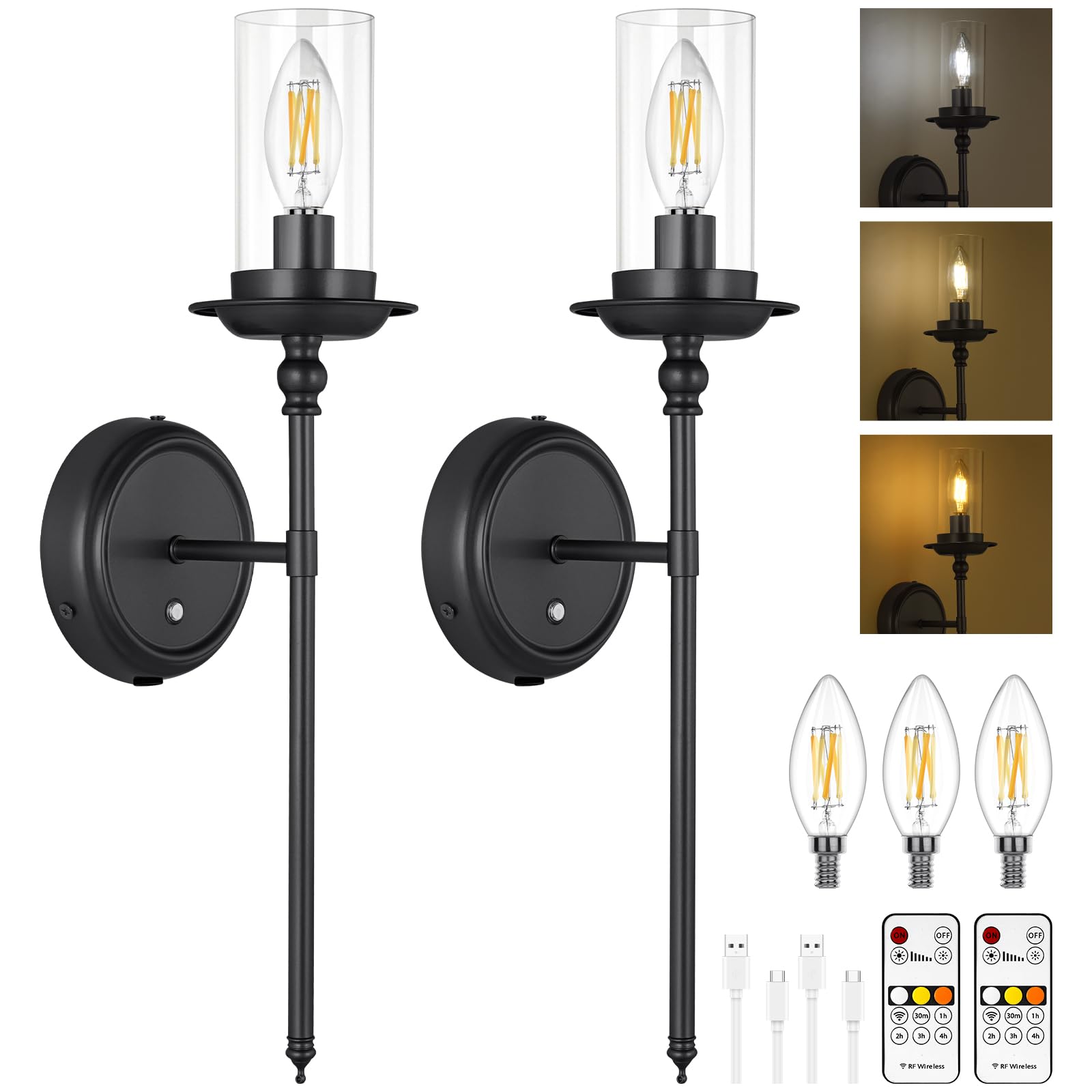 ABOHU Battery Operated Wall Sconce Set of 2, Rechargeable Wall Lights Indoor with 5200mAh Dimmable Detachable Bulbs & Remote, 3 Color Temperature Glass Wireless Sconces for Bedroom Living Room Hallway