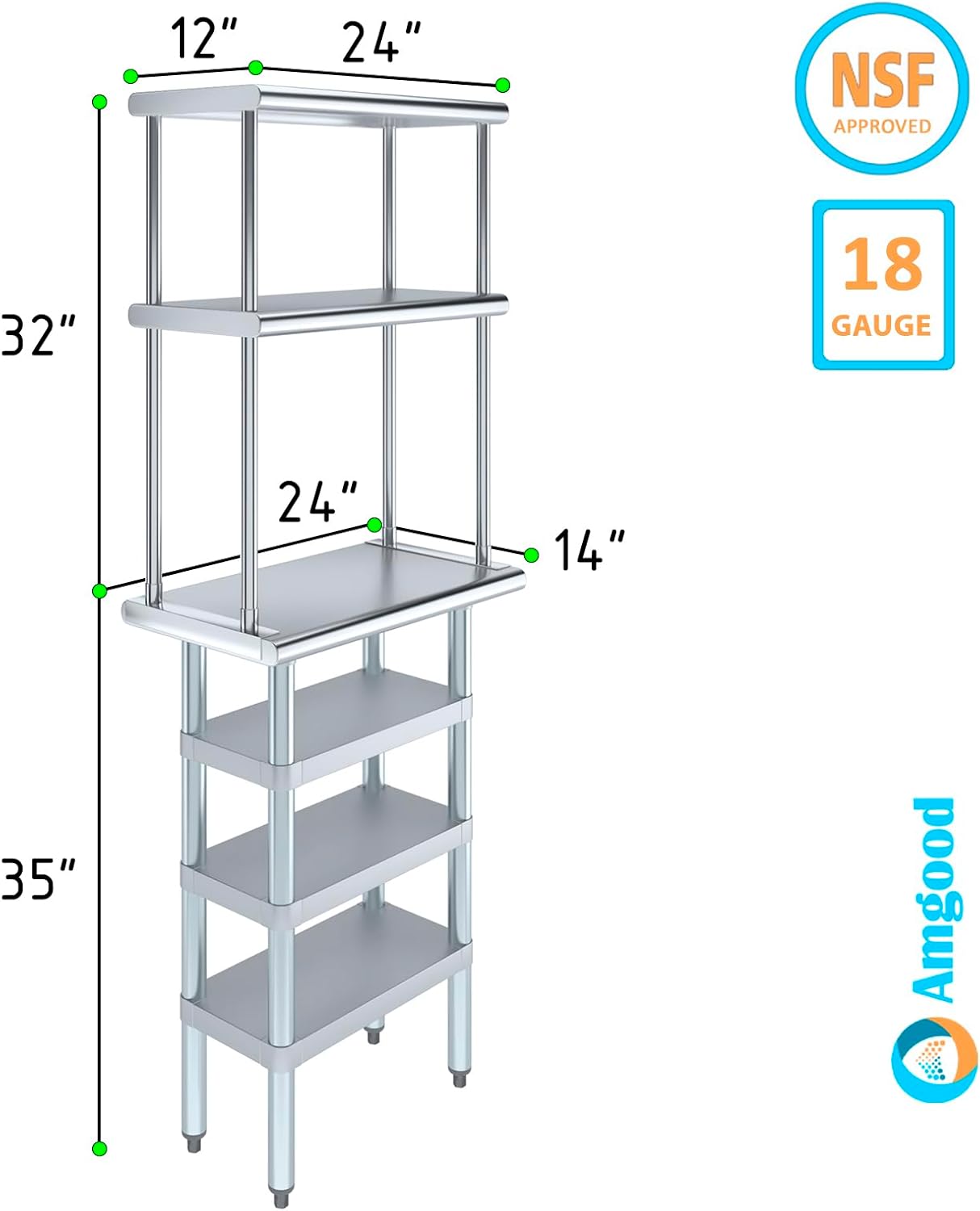 Amgood 14" x 24" Stainless Steel Work Table with 3 Shelves and 12" Wide Double Tier Overshelf | Metal Kitchen Prep Table & Shelving Combo | NSF
