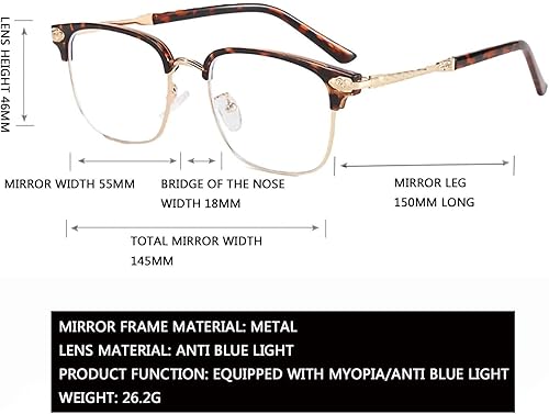 Miniatura 3 de Lentes de miopía de metal retro a la moda, lentes de miopía para hombres y mujeres, lentes de bloqueo de luz azul (color  transparente, tamaño -1.0X)