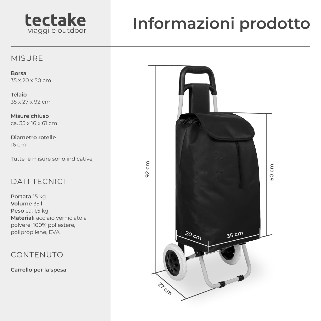 tectake® Trolley per la Spesa, 2 Ruote, Pieghevole, con Sacca Asportabile, Grandi Ruote, Chiusura con Cerniera, Tasca Piccola, Disponibile in Diversi Colori - Nero