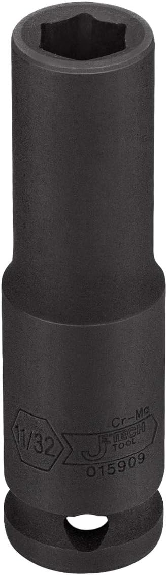 Jetech 11/32 Inch Deep Impact Socket Single - 3/8" Drive, 6-Point SAE, Heat Treated Chrome Molybdenum Steel (Cr-Mo) - Extra Reach for Small Long Bolts & Fasteners