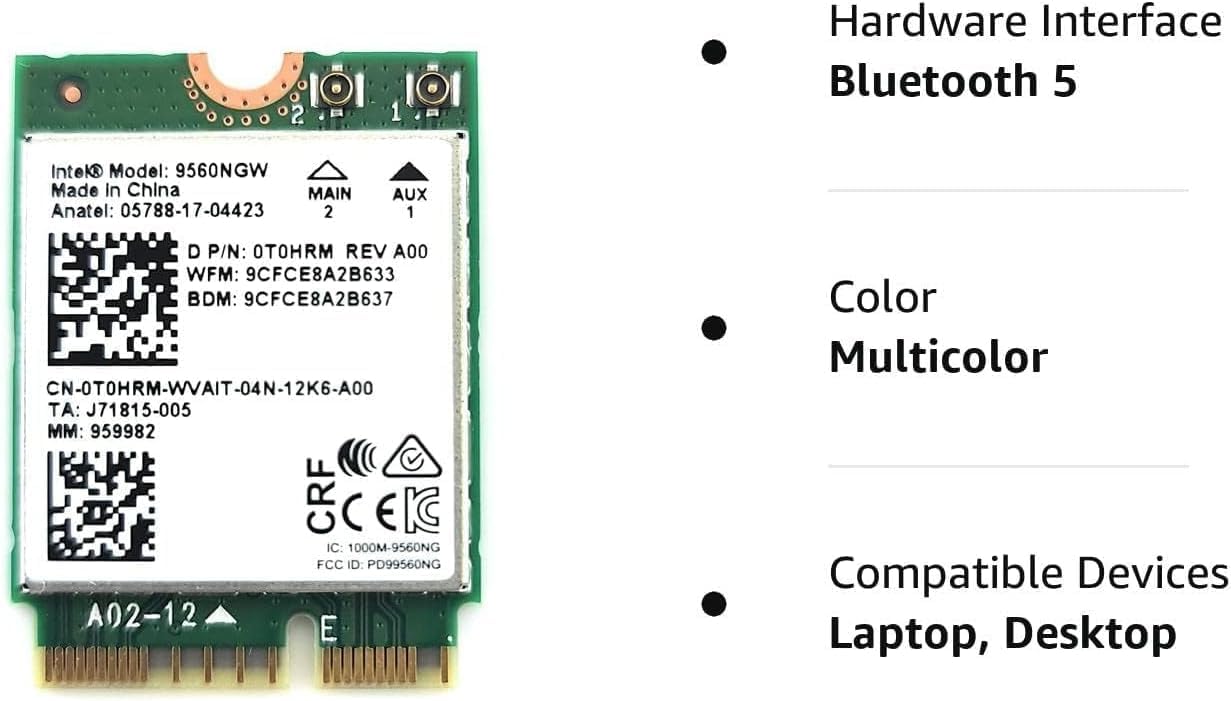 Intel AC 9560 WiFi 5 Wireless Adapter, 802.11ac, Dual Band, 1.73 Gbps, Bluetooth 5.1, M.2 CNVio Interface