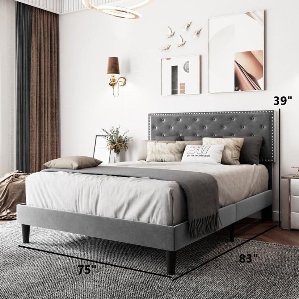 Image of Wooden Modern Upholstered King Size Bed for Bedroom | Wooden Double Bed Without Storage | Platform Cot Upholstered Bed with Upholstery Fabric | Engineered Wood | 6.5 x 6 Ft | Grey Kylian