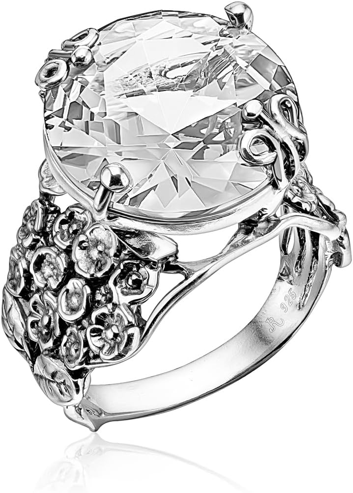 JEAN RACHEL JEWELRY 925 Sterling Silver Ring with Bold Round Cubic Zirconia - Floral & Butterfly Vintage Design - Hypoallergenic, Lead & Nickel Free - Artisan Handcrafted Statement Rings for Women