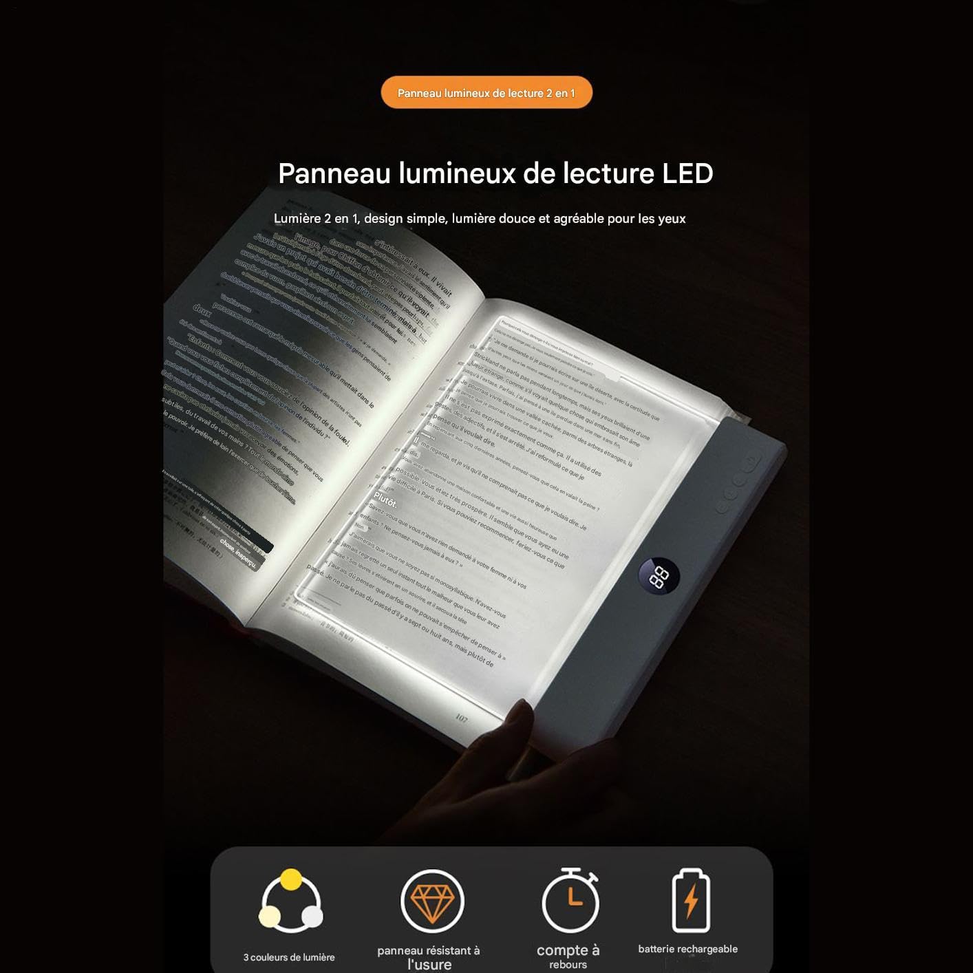 Intelligente LED-Leselampe – transparentes Panel 3 Farben mit Timer, für Bücher im Bett, Leselampe, flach, transparent, dimmbar, für Kinder, Leser, Haus, Reise