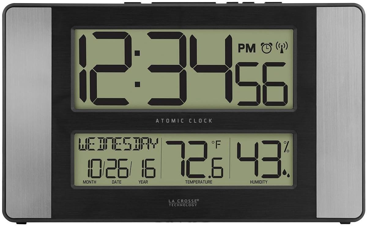 La Crosse Technology 513-1417H-AL-INT Atomic Clock with Temperature & Humidity, 11.10" L x 1.14" W x 6.61" H, Grey/Black