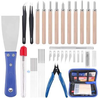 Glarks 34Pieces 3D Printer Nozzle Cleaning Removal Tool Kit, Including 0.35mm 0.4mm Cleaning Needles, Wood Carving Tools Kit, Knife Clean Up Kit, Tweezers, Scraper, Wire Cutter