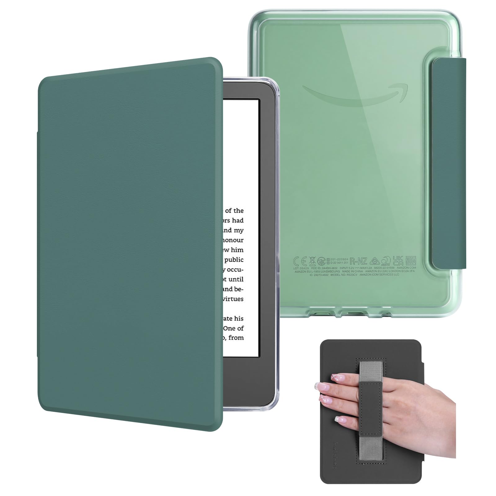 Case with Hand Strap for 6" Kindle Basic 11th Gen 2024/2022, Midnight Green | Light PU Leather Cover and Clear Hard Back Shell, DIY-Friendly, Auto Wake/Sleep,Only for Model No: RS23CV/C2V2L3