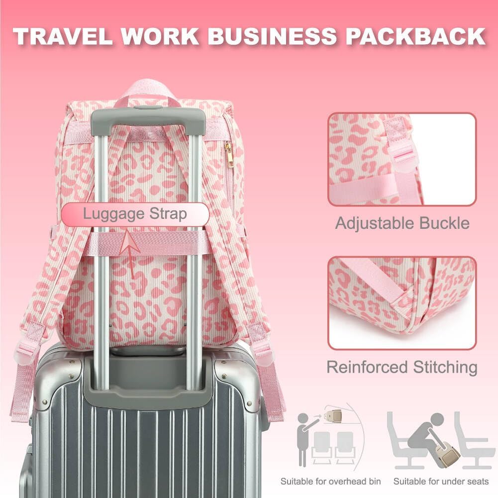 Women Laptop Backpack, Corduroy 15.6" Travel Backpack for Work College Business, Teacher Nurse Bag with Large Capacity School Bookbag Bags for Girls - Leopard Pink