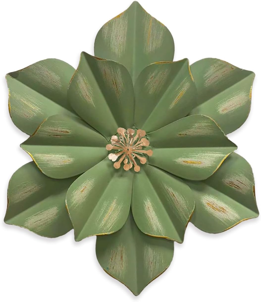 Metal Flower Wall Sculpture, 12.5" Green Gold Rustic Modern Floral Artwork