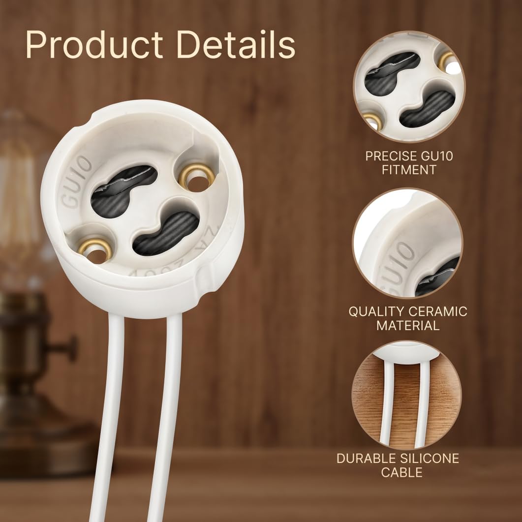 10 Stück GU10 Fassung aus Keramik, GU10 Sockel mit Silikonkabel 15 cm 0,75 mm², Halterung Leuchtmittel beständig 250 ℃, Anschluss Lampe 250 V 2 A für LED Halogen Beleuchtung Schiene Spot Einbauleuchte