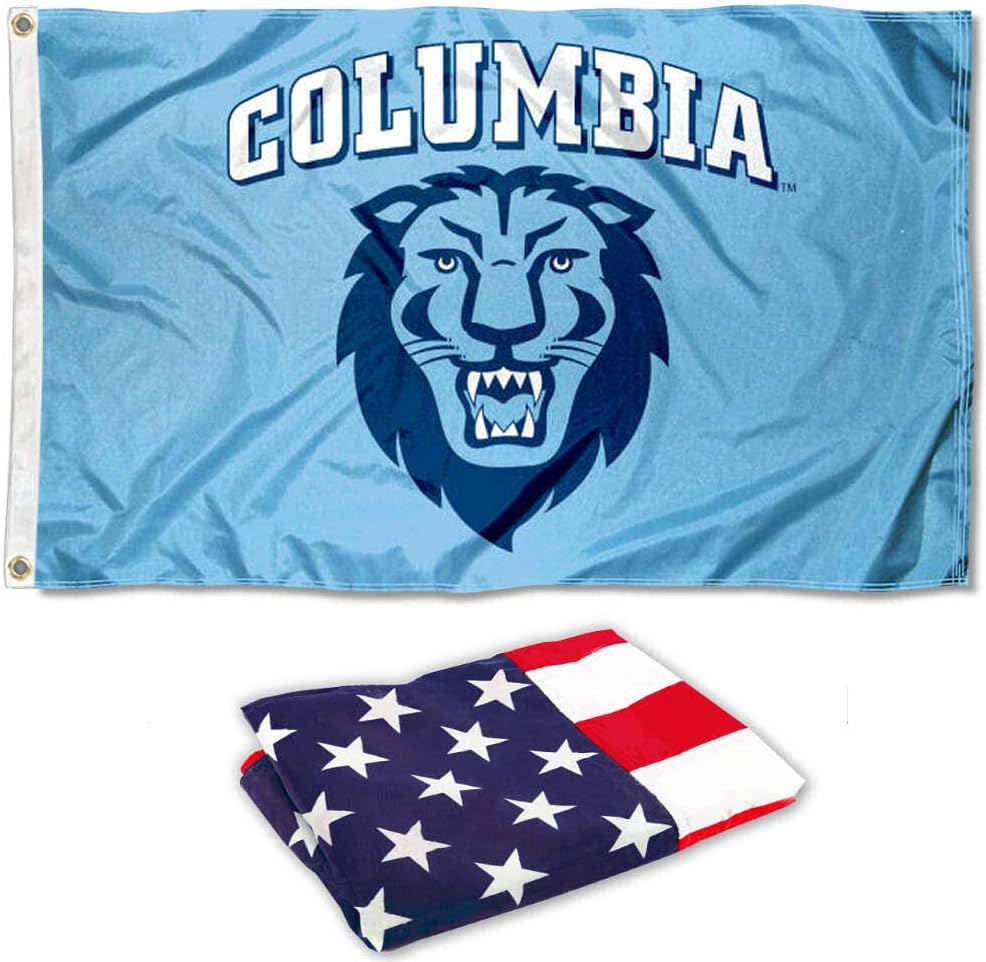College Flags & Banners Co. Columbia Lions Athletic Logo Flag and USA 3x5 Flag Set
