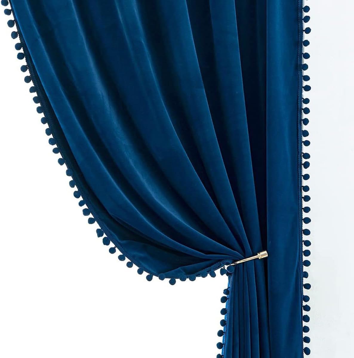 Pom Pom Velvet Curtains for Bedroom 2 Panels Thermal Insulated Half Blackout Curtain Drapes Room Darkening Sun Light Blocking Window Drapes for Girls Room,Blue,34x88 in(WxL)