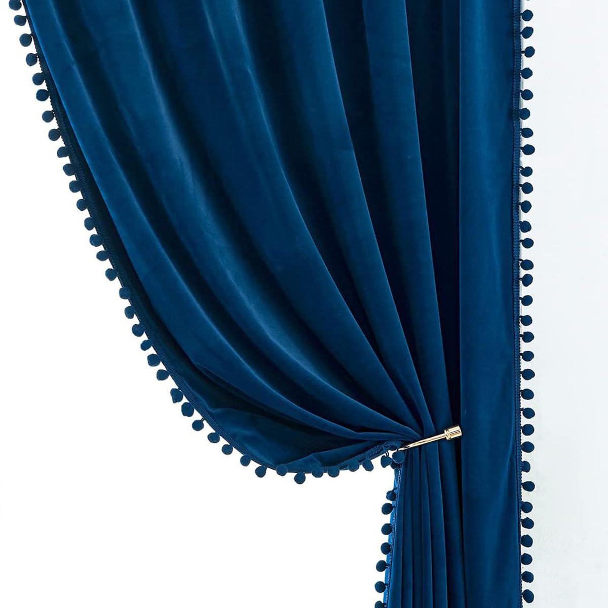 Blue Velvet Pom Pom Thermal Insulated Half Blackout Curtain Drapes for Girls Room 152x230 cm