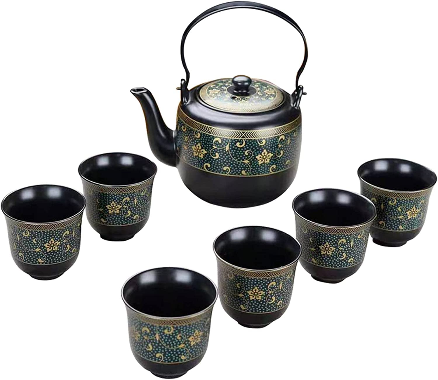 Chiński japoński porcelanowy zestaw do herbaty, ręcznie wykonany czajniczek kungfu z 6 filiżankami, duży czarny dzbanek do herbaty ze złotymi kwiatami wzór