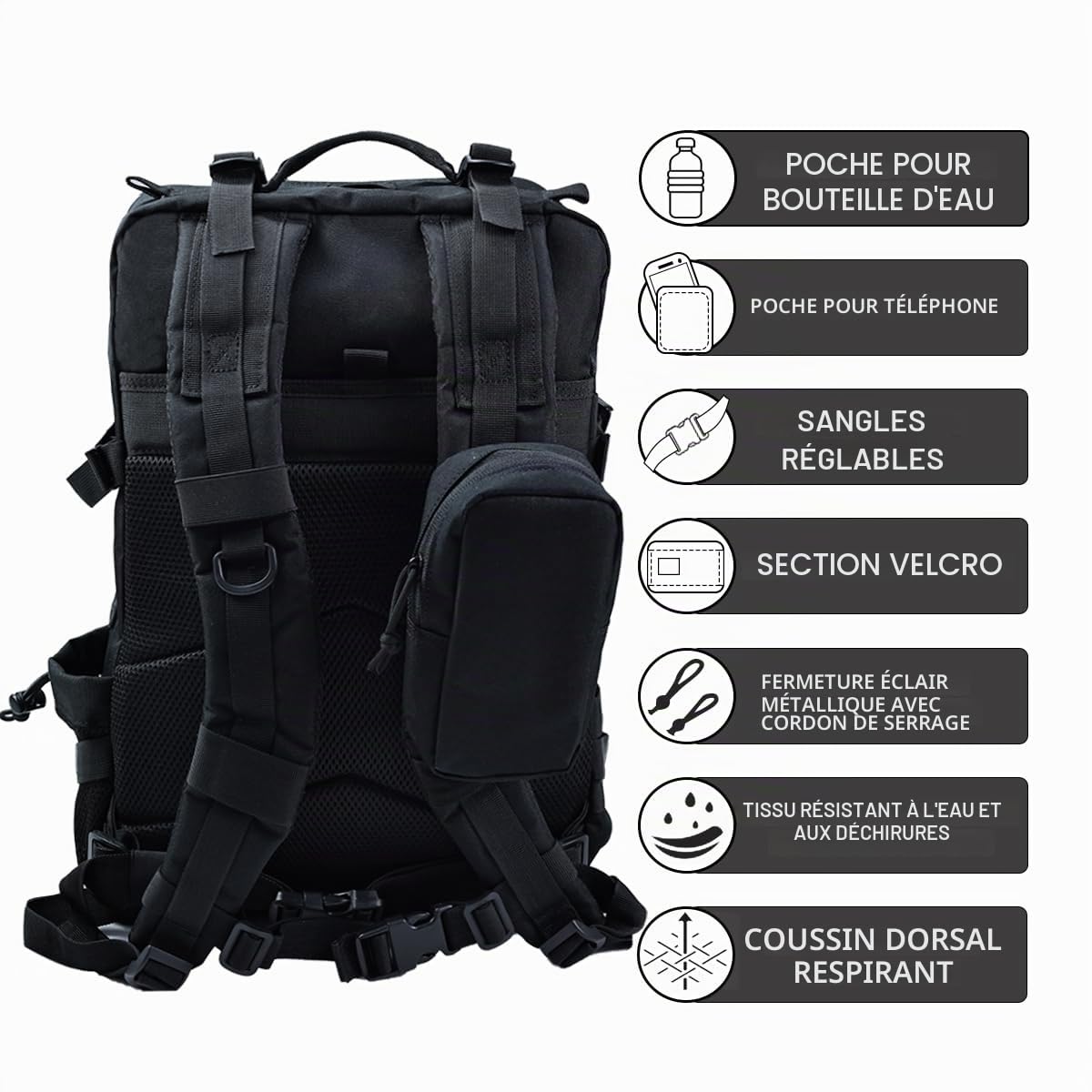 Sac À Dos Tactique Militaire Sac À Dos Robuste Pour Ordinateur Portable Molle Sac D'Assaut Pour Randonnée Camping Voyage Pêche Salle De Sport Noir Large