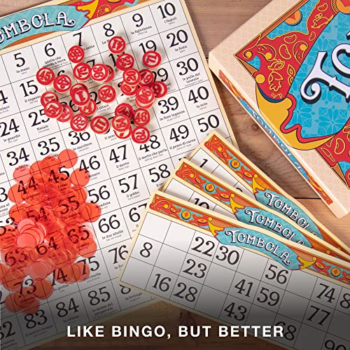 Tombola Bingo Board Game | The Italian Game Of Chance For Family, Friends And Large Parties Up To 24 Players! | Includes Calling Board, 90 Tombolini Tiles, 24 Double-Sided Cards And 360 Chips #TOP4