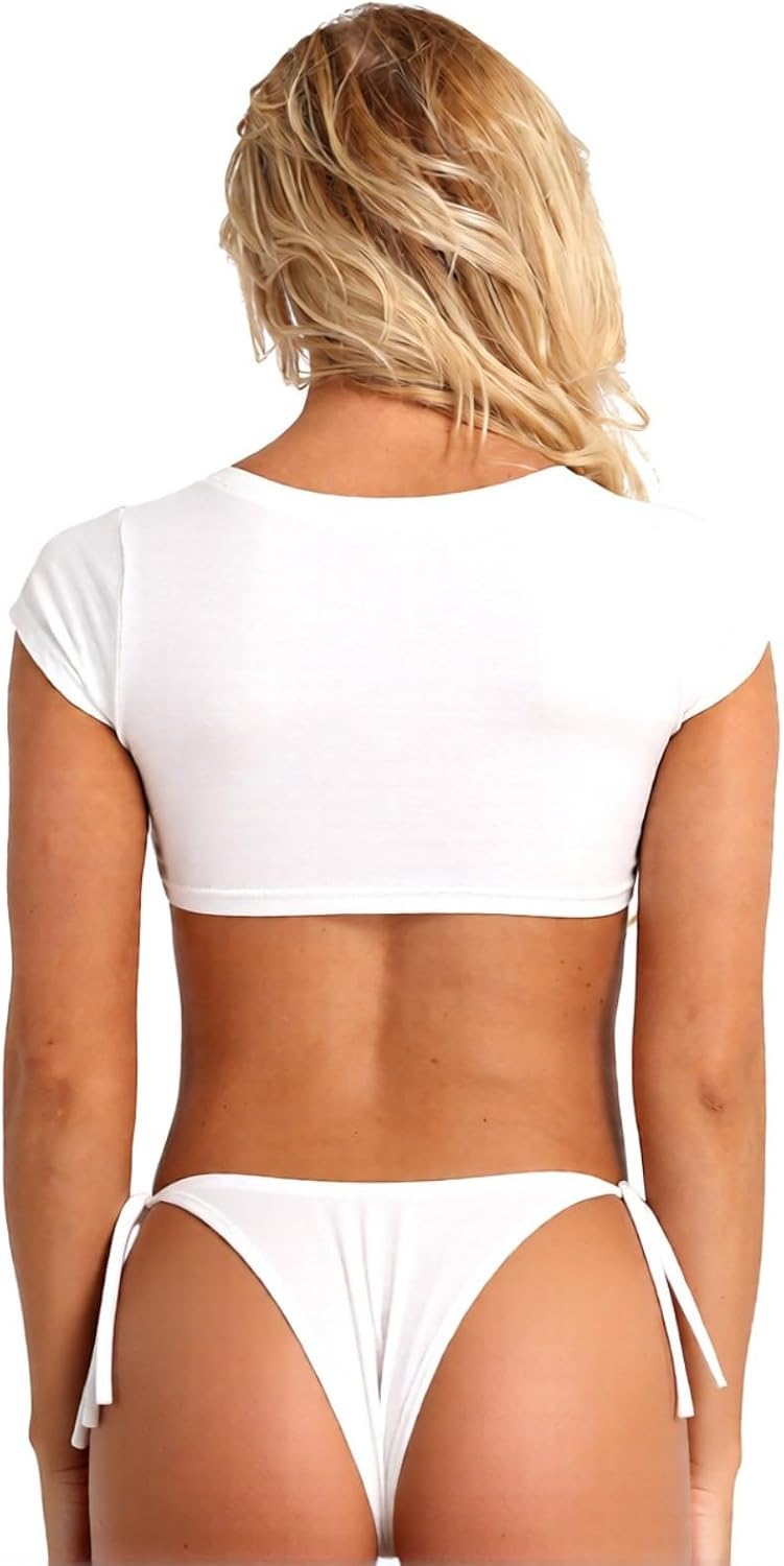 Sexy Lingerir Set for Women Yes Daddy Short Sleeve Crop Top Tie Side Panties Mini T-Shirts Cotton Vest Tank Bra
