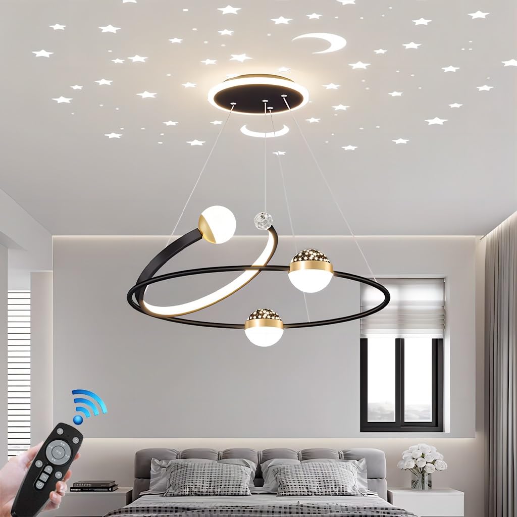 LYSDjia LED chandelier ring creative design modern with starry sky projection lampshade Pendant Light remotely dimmable European style metal ceiling lamp office kitchen living room Lamp height adjusta