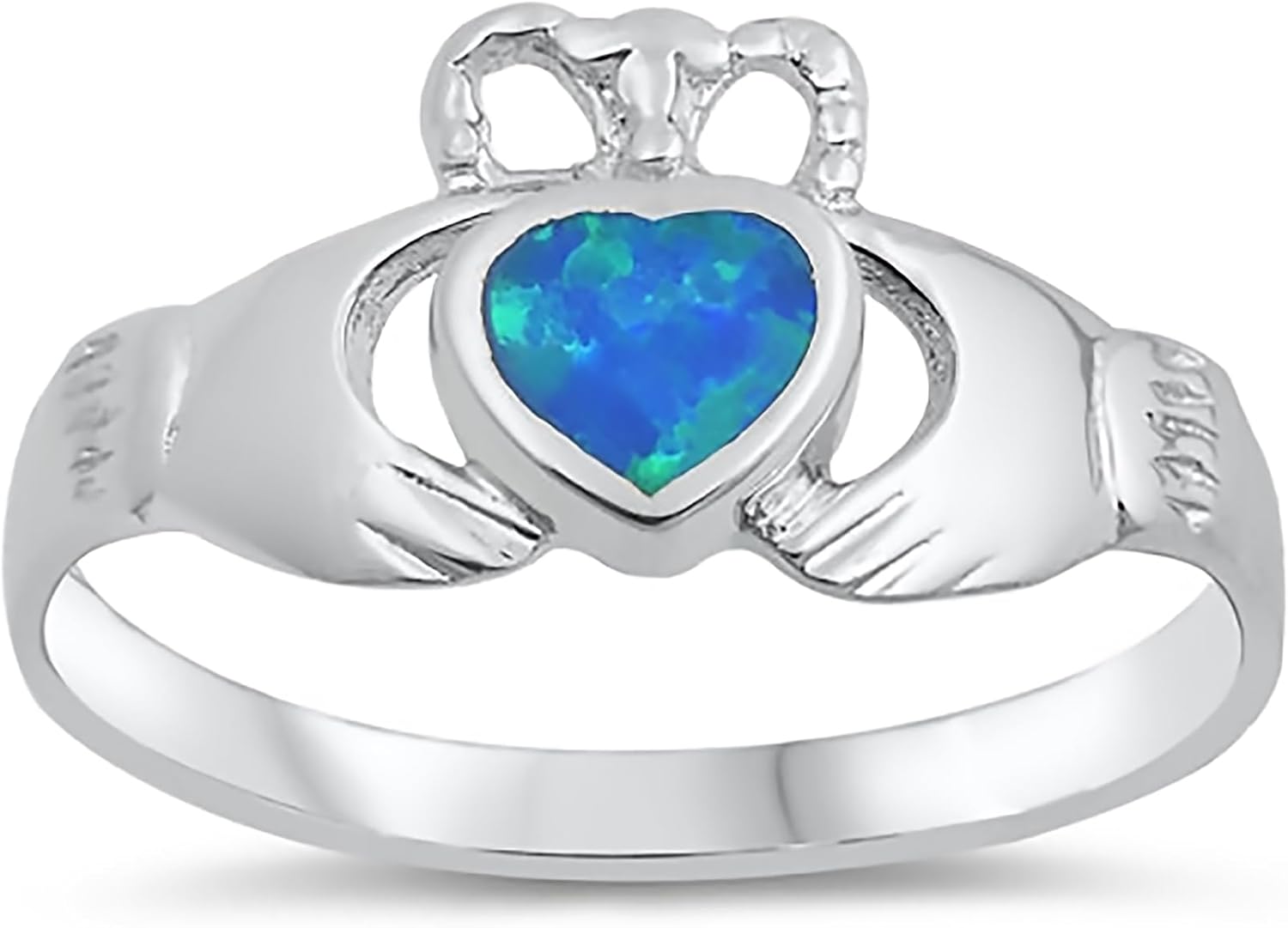 Sterling Silver Simulated Blue Opal Claddagh Ring 10mm (Size 5 to 9)