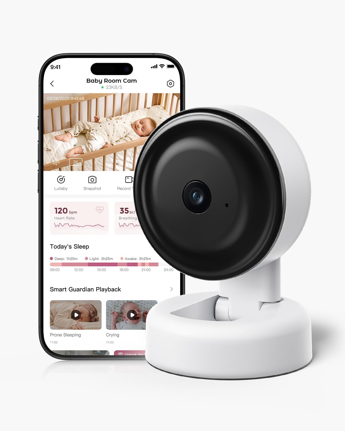 Momcozy AI-Powered Baby Monitor BM08, Contact-Free Baby Monitor, 2K HD Night Vision, Cry/Sound/Motion Detections, Real-time Notification, Auto-Sooth Lullaby, 2.4/5GHz Wi-Fi Connection, 2-Way Audio