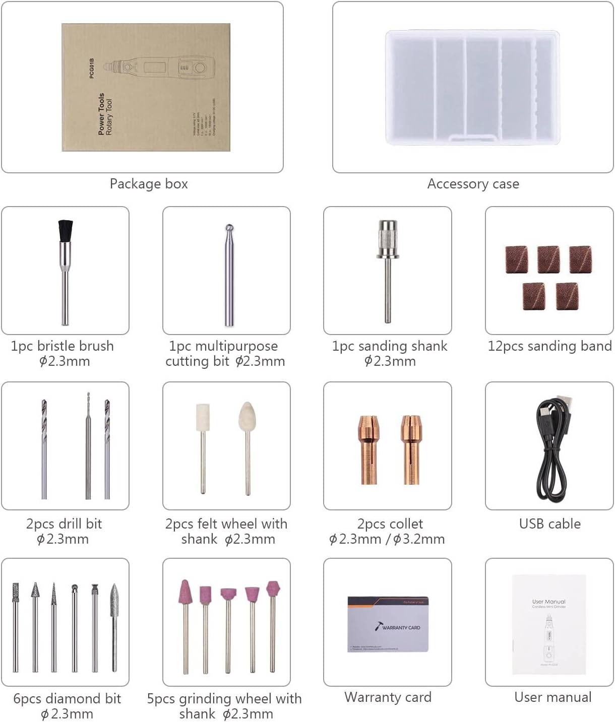 Diagram showing all 31 accessories included with the rotary tool, including brushes, bits, sanding bands, collets, and USB cable.