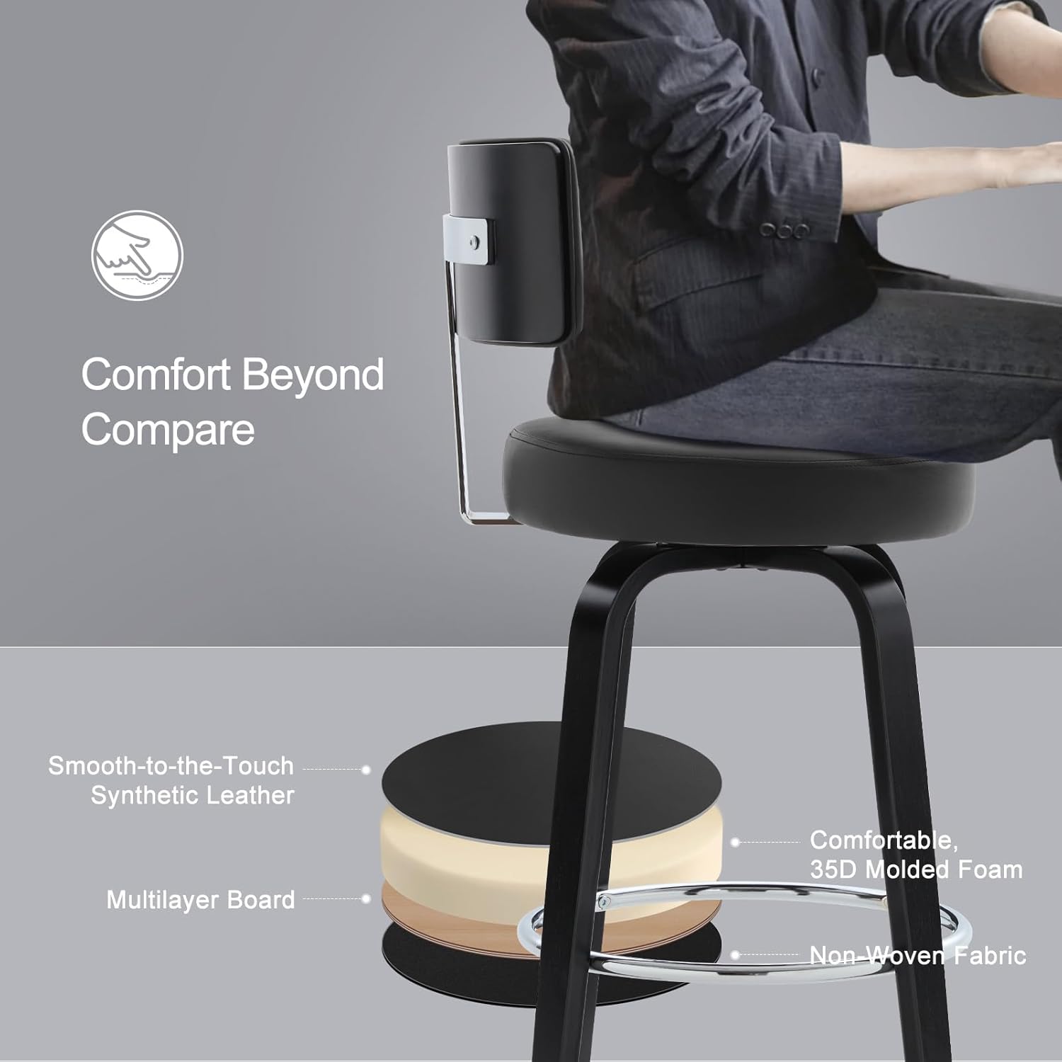 Bekrvio Swivel Counter Height Bar Stools Set of 3, 26” Seat Height Island Chairs Modern Kitchen Stools for Kitchen Counter, Faux Leather Upholstered Barstools with Back, Black Wood Legs and Black Seat