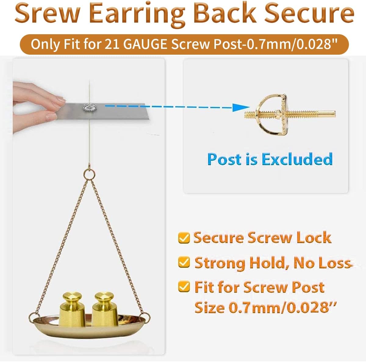14K Gold Screw Backs Replacements - Fit for 0.028" Threaded Post Earring Studs (4 Pairs)