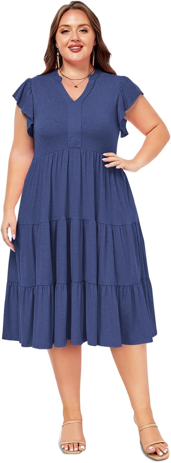 Moon Wood Womens Plus Size V Neck Ruffle Midi Dress 2025 Summer Casual Flowy Tiered Dresses with Pockets - Image 3