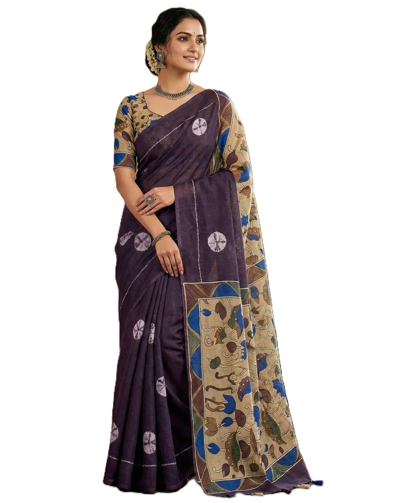 Purple Linen Blend Saree with Kalamkari Printed Border and Matching Blouse Piece, Festive and Daily Wear-picture-25