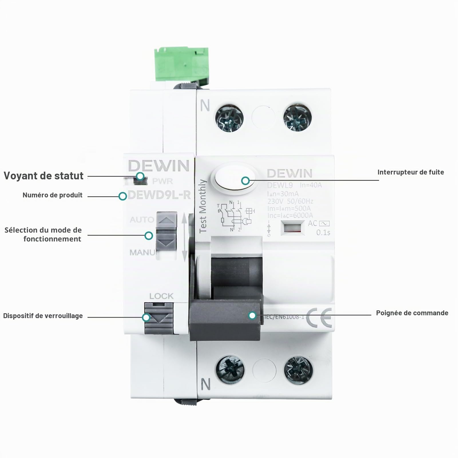 DEWIN Disjoncteur Différentiel, GRD9L-R RCCB Dispositif de Réenclenchement Automatique Disjoncteurs électriques Disjoncteur intelligent Type AC 2P 40A 30mA