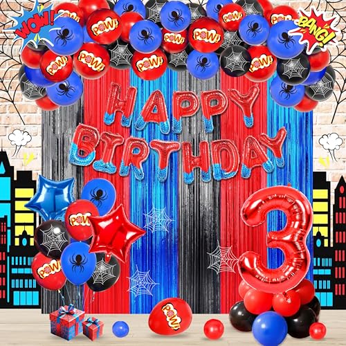 3rd Birthday Decorations For Boys,Red Spider Web Birthday Decorations,Large Number 3 Balloon,Foil Fringe Curtains,Red Blue Balloons