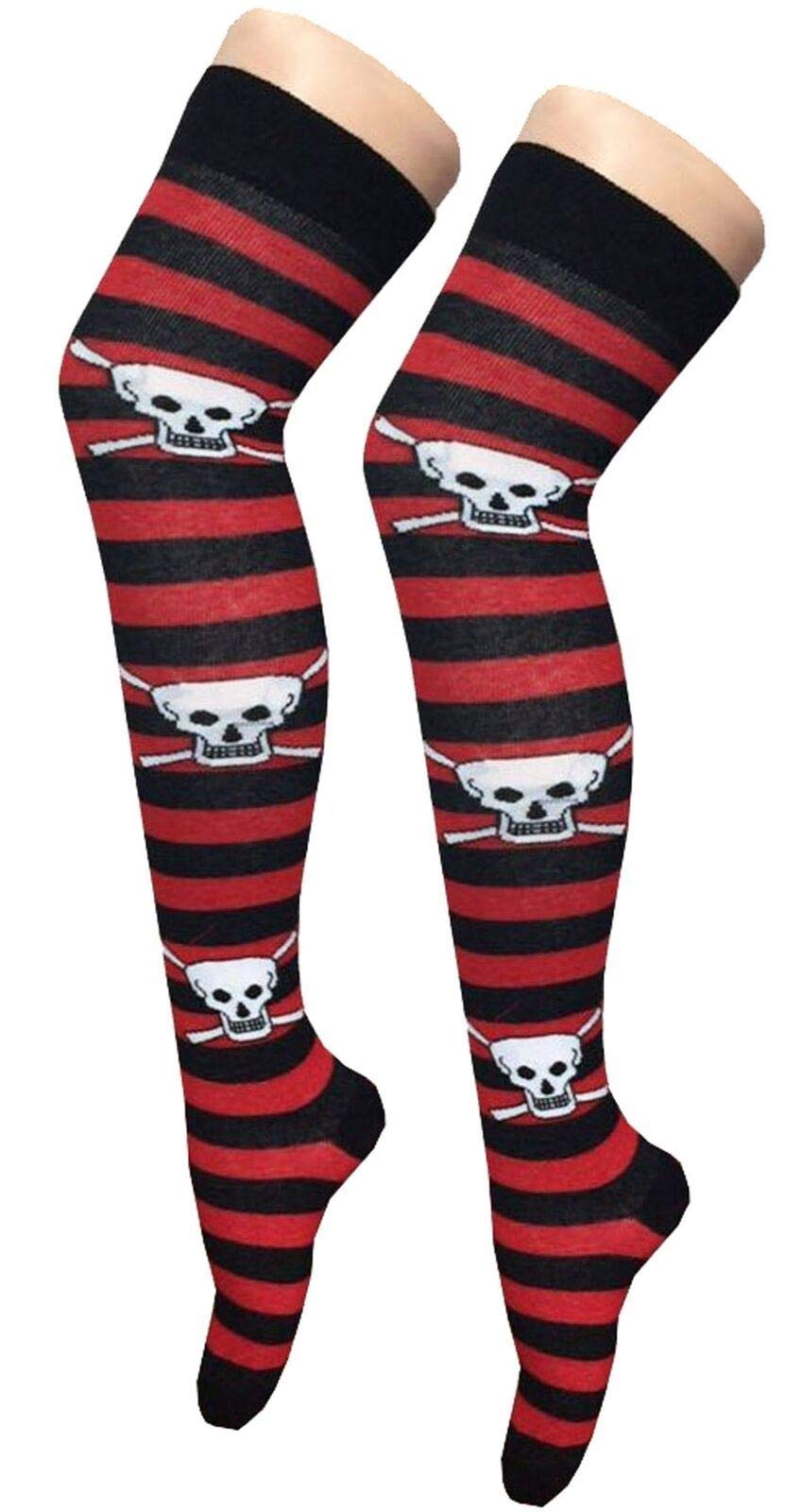 Ladies Stripe Printed Over the Knee High Socks Women Fancy Stretch OTK Socks Red/Black Stripe Skull Print 3 Pack